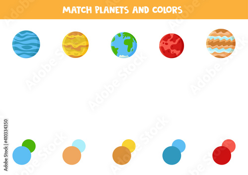 Match planets and colors. Educational matching game for kids.