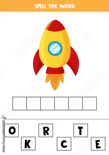 Spelling game for kids. Cartoon space rocket.