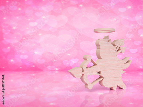 Cupid 3d wooden icon on pink love heart background, Valentines day concept