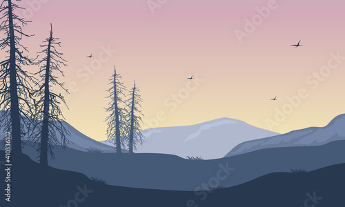 Very nice scenery mountains on a bright morning in the countryside. Vector illustration