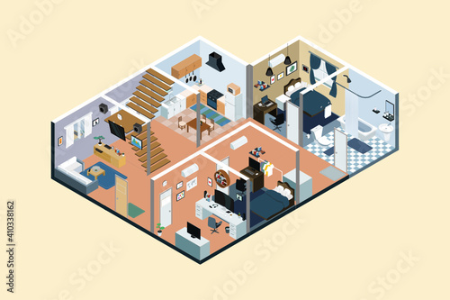 House interior isometric design with living room bathroom kitchen bedroom. vector.