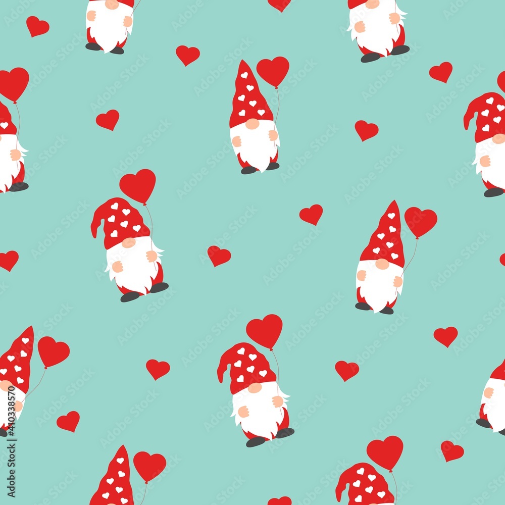 cute valentines gnomes in red hats and hearts in a valentines day seamless pattern on green background cute valentines gnomes in red hats and hearts in a valentines day seamless pattern on green background