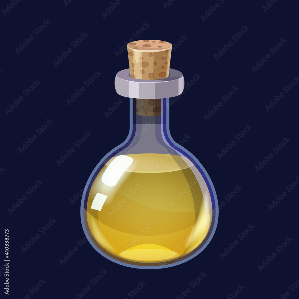 Bottle with liquid yellow potion magic elixir game icon GUI. Vector illstration for app games user interface Bottle with liquid yellow potion magic elixir game icon GUI. Vector illstration for app games user interface