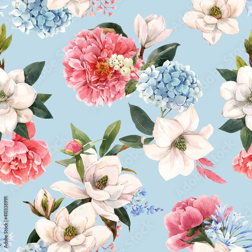 Beautiful vector seamless pattern with hand drawn watercolor gentle white magnolia and hydrangea flowers. Stock illustration.