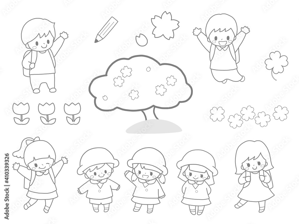 幼稚園生や小学生のかわいい子ども達の入園入学など桜の春の手描き風線画イラスト