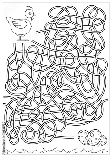 Maze for kids. Kids game and coloring. Worksheet with cute cartoon chicken. Activity page. Children coloring. Educational riddle. Vector illustration.
