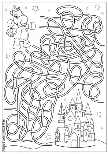 Kids game with unicorn. Maze and coloring. Worksheet with cute cartoon unicorn. Activity page for children. Educational riddle. Vector illustration.