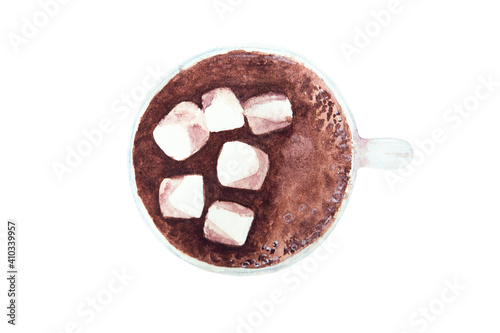Watercolor drawing of cup of cocoa with marsmallow isolated on the white background. Hand painted illustration of coffee