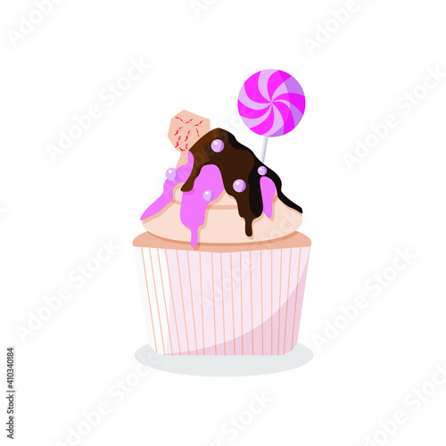 Delicious cake in chocolate glaze with sweet dragees and lollipop. Vector illustration isolated on white background.