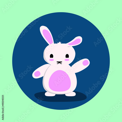Rabbit in dark blue circle on mint colored background.