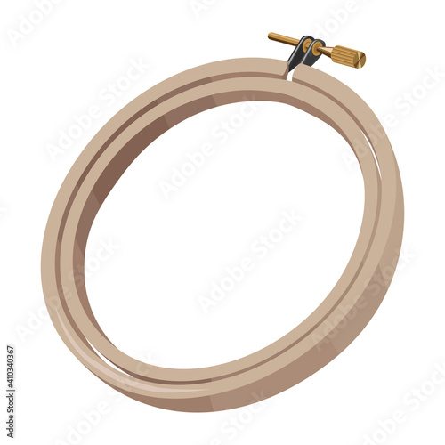 Embroidery hoops. A wooden device with a metal lock for putting on fabric. Cross-stitch and smooth embroidery. Vector illustration isolated on a white background for design and web.
