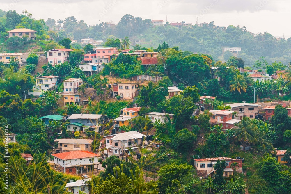 Fototapeta premium Vernacular Housing on Green Hill side in Trinidad