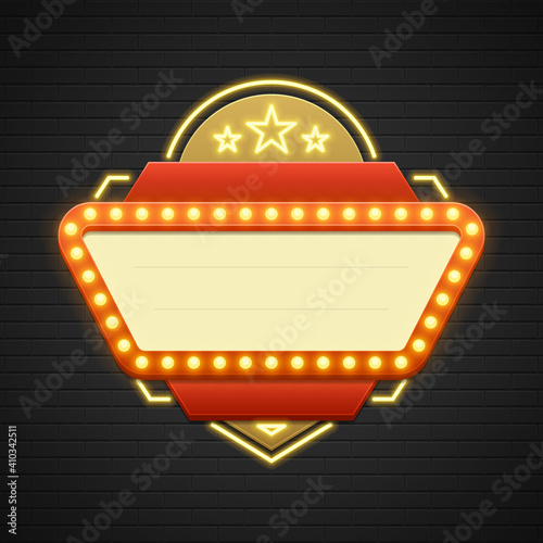 Retro showtime sign design. Cinema signage light bulbs frame and neon lamps on brick wall background.