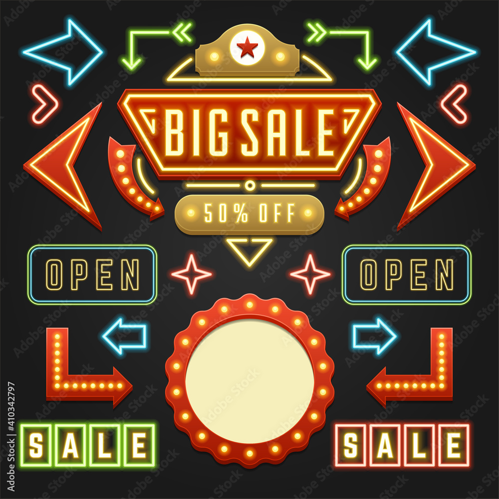 Retro showtime signs design elements set. Bright billboard signage ...