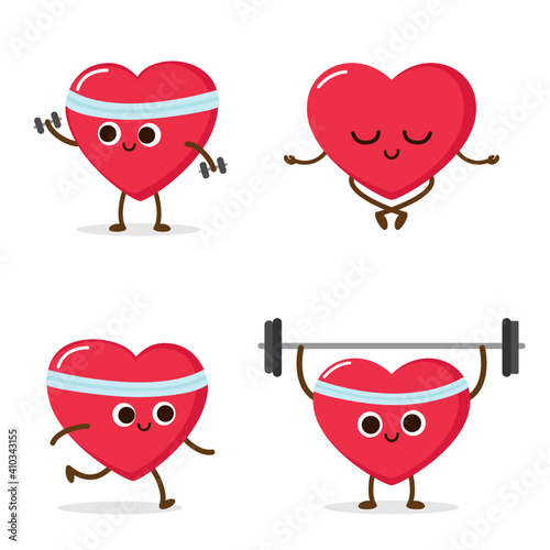 Cartoon heart running weight lifting meditating