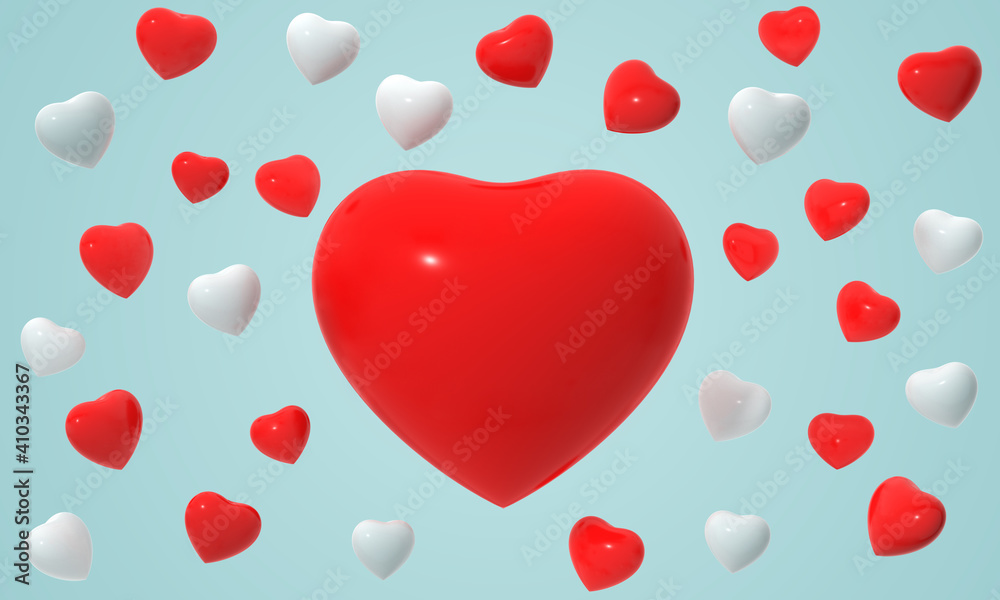 abstract 3d rendering red and white heart shape balloon group pattern design on blue background
