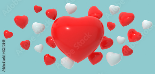 abstract 3d rendering red and white heart shape balloon design on blue background