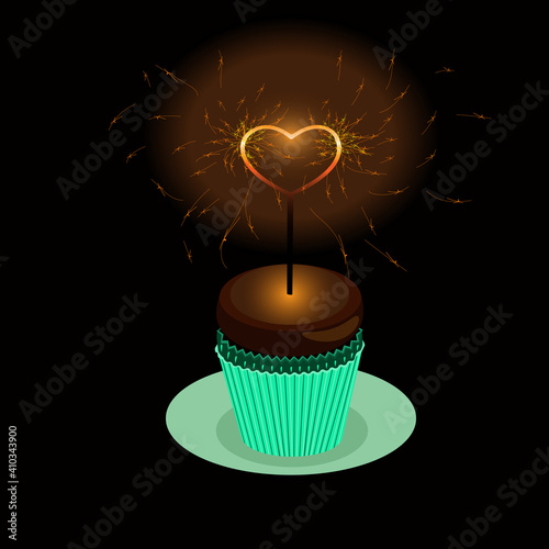 Cupcake with a sparkler in the shape of a heart. Vector illustration.