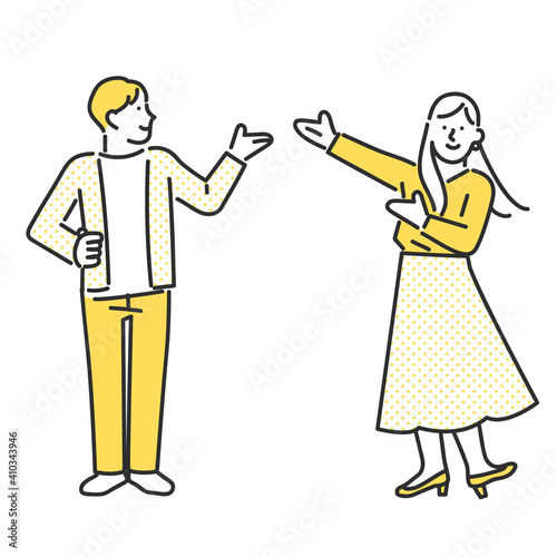 なにかを紹介するポーズの男女のイメージイラスト素材