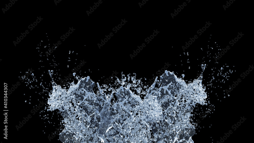 Water Splash with droplets on black background. 3d illustration. Water Splash with droplets on black background. 3d illustration.