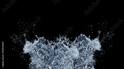 Foto Water Splash with droplets on black background. 3d illustration.