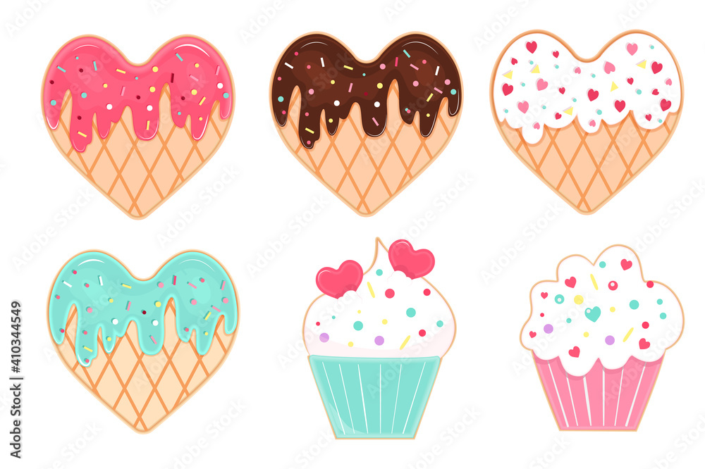 Vector set of glazed and sprinkles cookies and cupcakies for Valentines Day. Vector set of glazed and sprinkles cookies and cupcakies for Valentines Day.