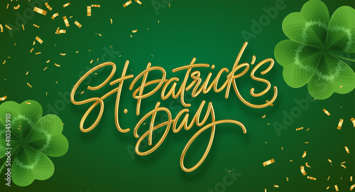 Golden realistic lettering Happy St. Patricks Day with realistic clover leaves background. Background for poster, banner Happy Patrick. Vector illustration