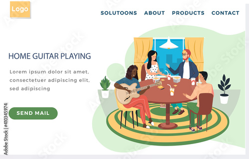 Website home guitar using. Guitarist making music. Friends with stickers on their faces playing who I am. Afro American woman perform at home. Friends having fun together. Landing page design layout