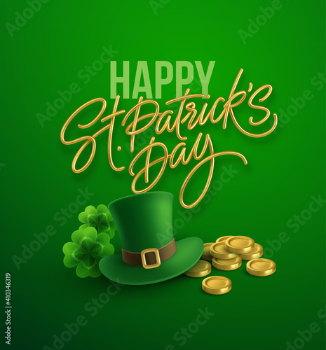 Happy St. Patricks Day greeting background for postcard, banner, poster. Leprechaun hat with clover leaves and gold coins. Vector illustration