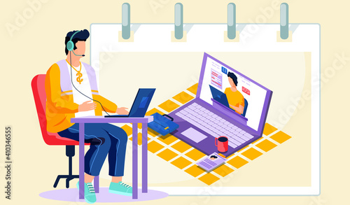 Man records a video lesson for a student. Guy with headset leads a webinar, talking to colleague. Teacher sits at a table with a laptop and speaks into a microphone, online learning modern education