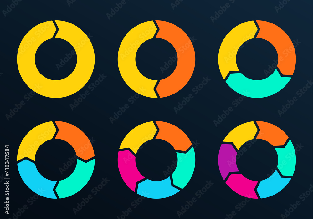 Cycle diagram with arrows set. 1,2,3,4,5,6 steps pie chart or circle graph. Business presentation concept. Vector illustration. Cycle diagram with arrows set. 1,2,3,4,5,6 steps pie chart or circle graph. Business presentation concept. Vector illustration.