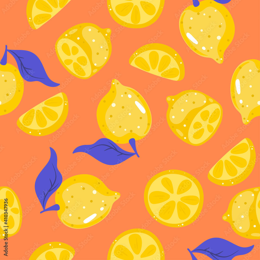 Seamless pattern with lemons on an orange background. Vector graphics. Seamless pattern with lemons on an orange background. Vector graphics.