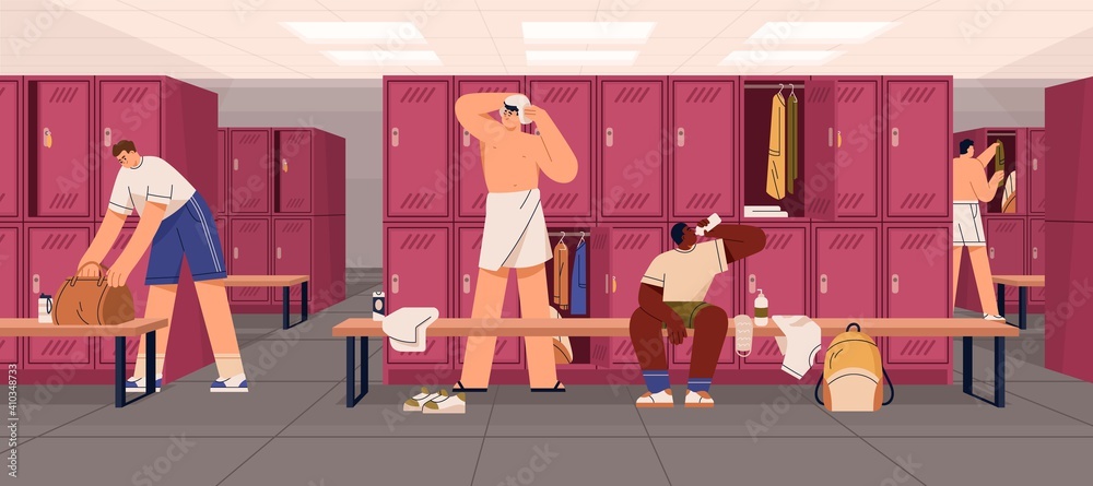 Young men with sports bags in locker room changing their clothes and ...
