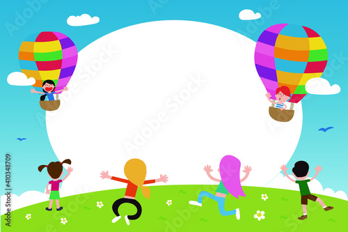 Balloons photo frame with happy kids. Vector illustration. Greeting card for special celebrations