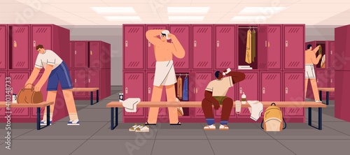 Young men with sports bags in locker room changing their clothes and drinking after workout in gym or fitness club. Guys in public dressing place after workout. Colored flat vector illustration