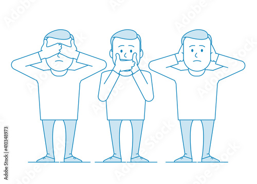 Three wise monkeys. One man covers his mouth with his hands, the other covers his ears, the third eyes. Illustration in line art style. Vector