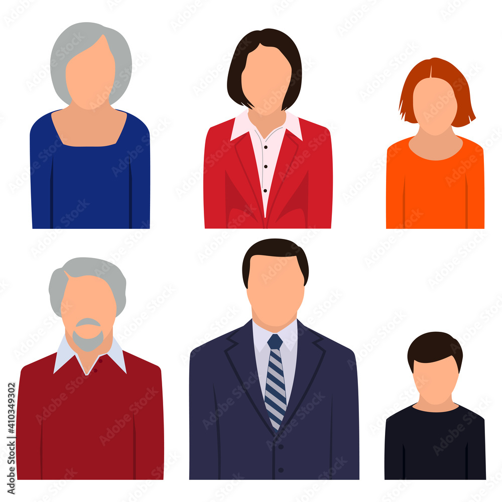 Female and male faceless avatars of people of different ages, set of icons. Vector illustration. Female and male faceless avatars of people of different ages, set of icons. Vector illustration.
