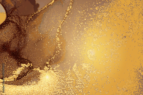 Bright brown and gold marble texture with sparkles. Abstract vector background in alcohol ink technique. Modern paint with glitter. Template for banner, poster design. Fluid art painting