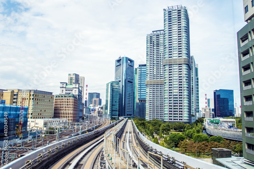 Monorail in Tokyo. Skyscrapers  urban landscape