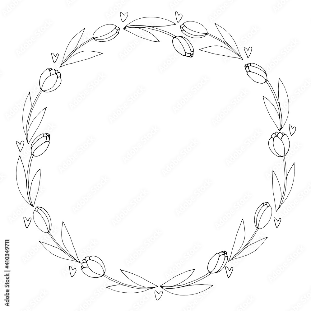 Vector round frame, wreath from outline tulips and hearts. Spring flowers. Hand drawn doodle isolated. Background, border, decoration for greeting card, invitation, Valentine's, Women's or Mother day Vector round frame, wreath from outline tulips and hearts. Spring flowers. Hand drawn doodle isolated. Background, border, decoration for greeting card, invitation, Valentine's, Women's or Mother day