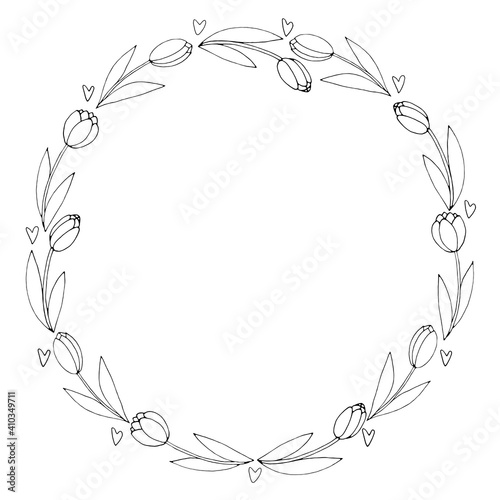 Vector round frame, wreath from outline tulips and hearts. Spring flowers. Hand drawn doodle isolated. Background, border, decoration for greeting card, invitation, Valentine's, Women's or Mother day