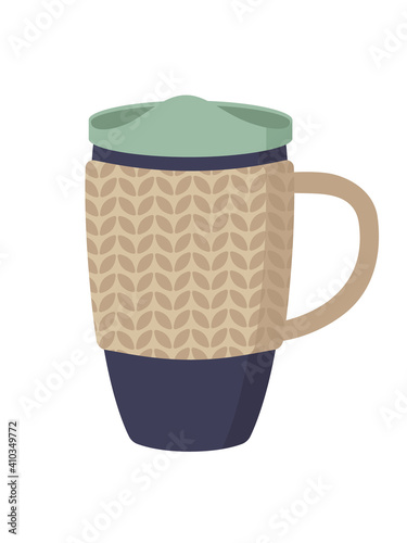 Reusable cup, thermo mug with cover. Cute hand drawn Thermos for take away coffee. Zero waste. Vector illustration in flat cartoon style isolated on white background