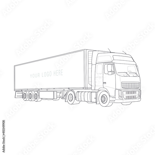 Truck with trailer. Vector draw with black lines. Technical drawing 