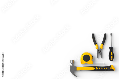 Set of construction tools for repair and installation on white background