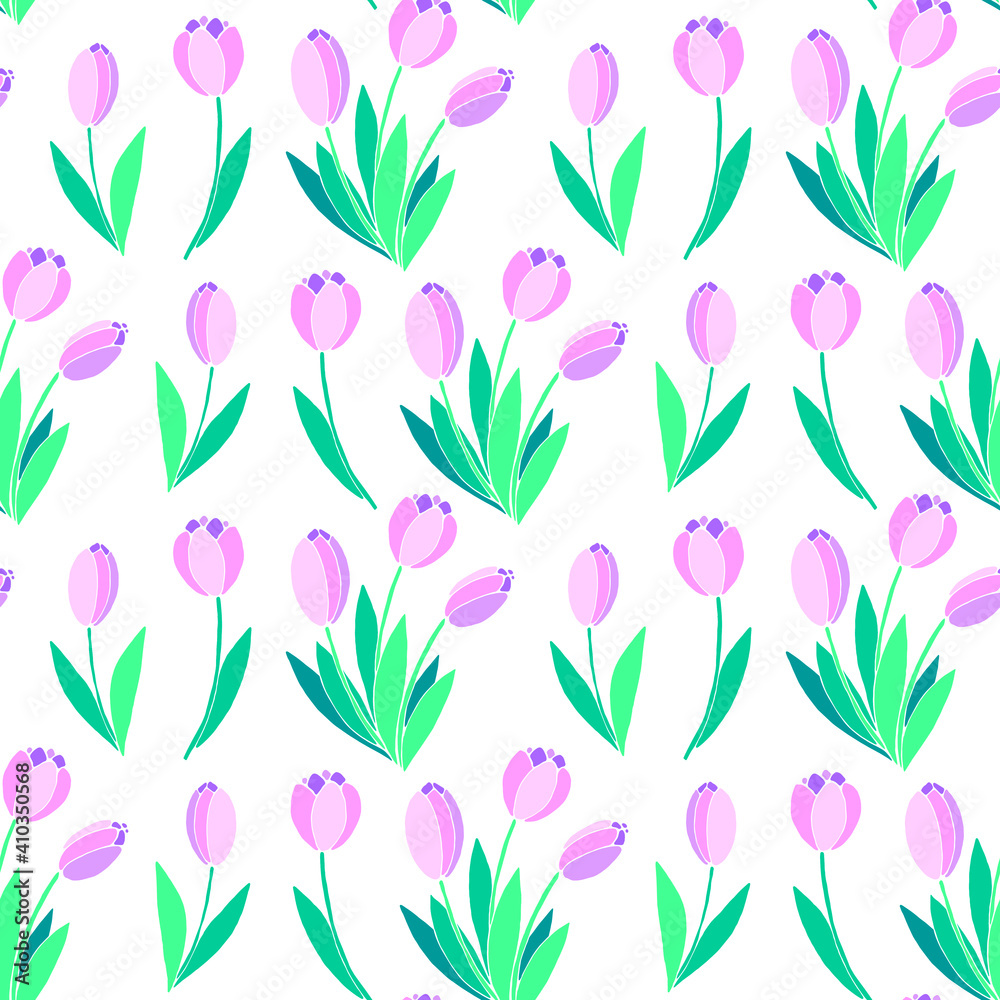 Vector seamless pattern with pink tulip flowers. Hand drawn spring texture, background. For wrapping paper, textile, greeting card, wedding, birthday, mother's or women's or Valentine's Day