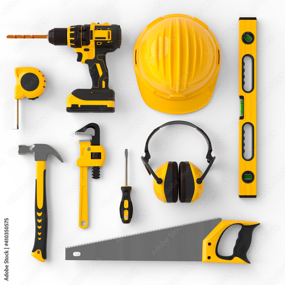 Set of construction tools for repair and installation on white background Set of construction tools for repair and installation on white background