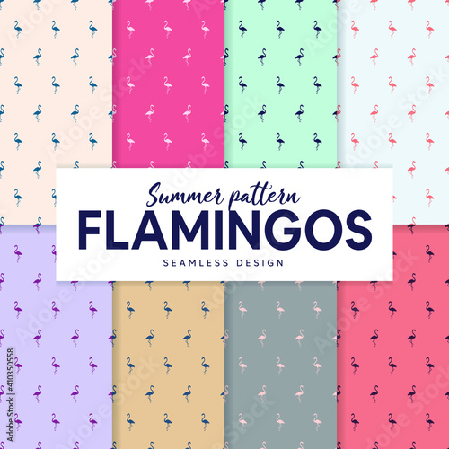 Summer pattern set with flamingos. Seamless design.
