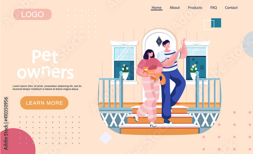 Pet owners landing page template couple walking holding ginger cat on hands going down steps. Man and woman are having leisure spend time with domestic animal cute kitty, stroking him gently