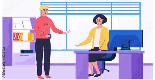 Guy gives girl pills and treats her. People spend time together and communicate in office. Man offers antiviral drug to woman at workplace. Female character working at computer vector illustration