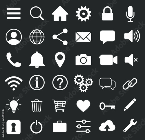 Web application interface icon collection. Internet page and website vector symbol set. Search, home, settings, account, lock and info button sign. Cogwheel, magnify, wi-fi and user profile logo.